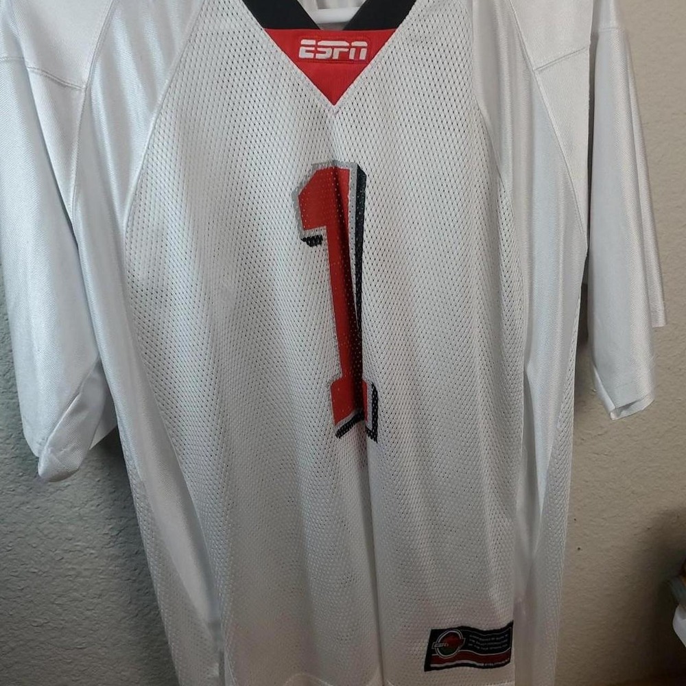 ESPN white jersey with red number 1 and black trim